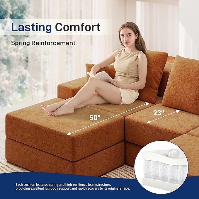 Living&Giving 128" U-Shaped Cloud Sectional Couch for Living Room, Cloud Boneless Couch-No Assembly with Reversible Chaise, Customizable 4-Seat Modular Sectional Sofa with 3 Ottoman, Orange