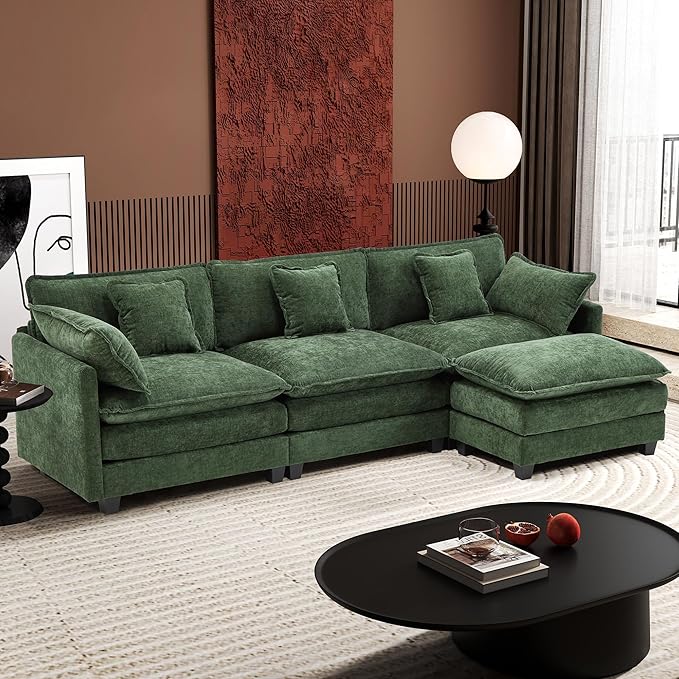 Ihanherry 111.4" L Shaped Modern Sofa Modular Sectional Cloud Couch with Ottoman, 4-Seat Chenille Deep Seat Sofa with Pillow for Living Room, Bedroom and Apartment, Green