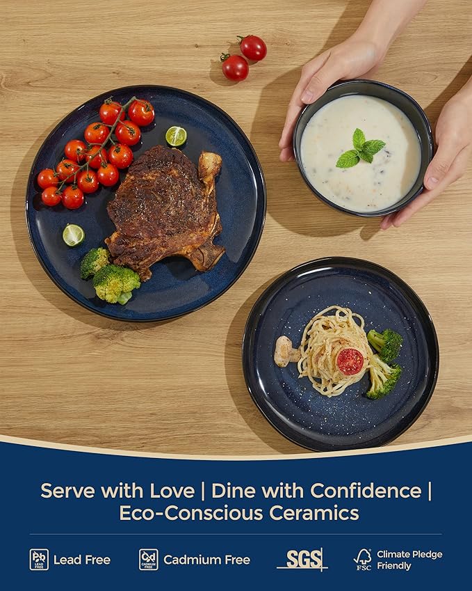 18 Piece Stoneware Dish Set for 6, Reactive Glaze Ceramic Plates and Bowls Set | Coastal‑Inspired Irregular Design for Casual Entertaining & Intimate Dinners | Dishwasher & Microwave Safe