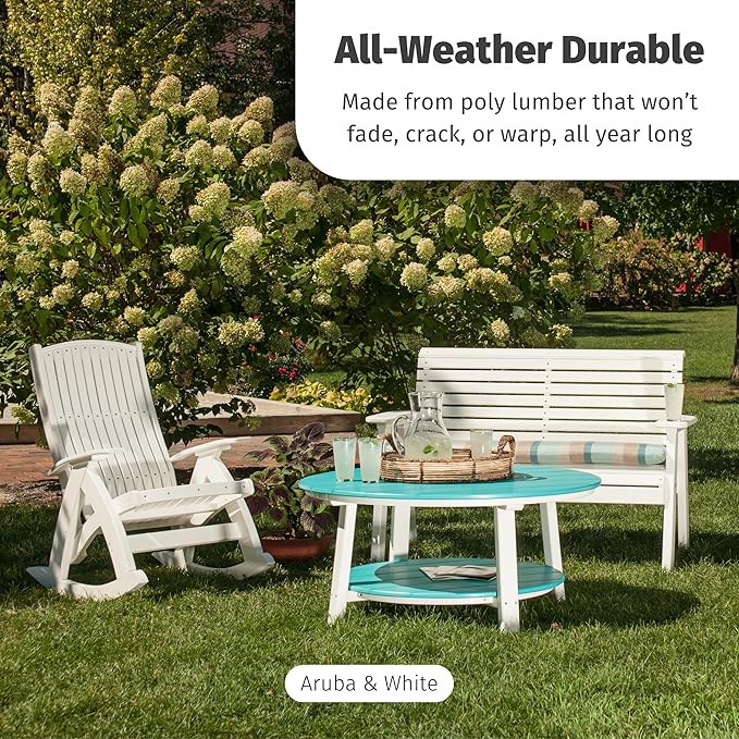 LuxCraft Deluxe Poly Round Outdoor Coffee Table, Two Tier Coffee Table, Round Conversation Tables for Outside Patio with Lower Shelf - Amish Made in USA (Weatherwood & Chestnut Brown)