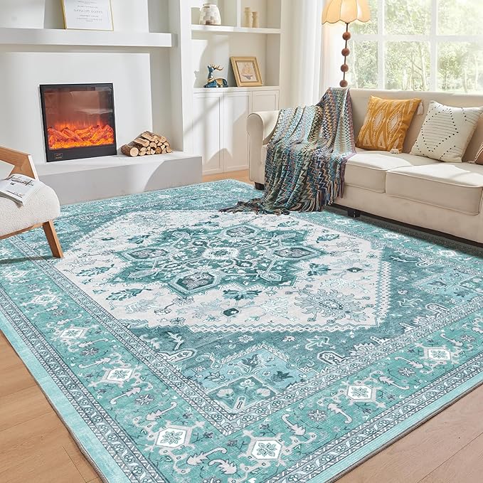 OPPODREAM Thin Area Rugs 9x12 Living Room, Washable Rugs 9x12 with Non Slip Backing, Faux Cashmere Low-Pile 9 x 12 Carpet, Teal & Turquoise & Cream