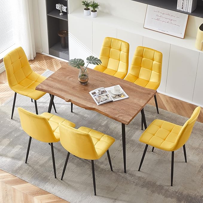 NORDICANA Yellow Velvet Dinner Chairs Set of 6, Modern Armless Biscuit Tufted Dining Side Chairs with Metal Legs for Kitchen Living Room Vanity
