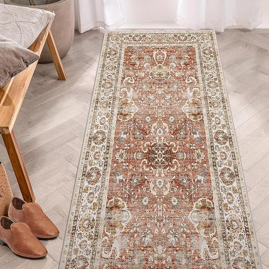 Deerly Vintage Runner Rug 3x7 Runner Rugs for Hallway Non-Slip Kitchen Runner Rug with Rubber Backing Washable Rug Runner for Bedroom Distressed Brick Red