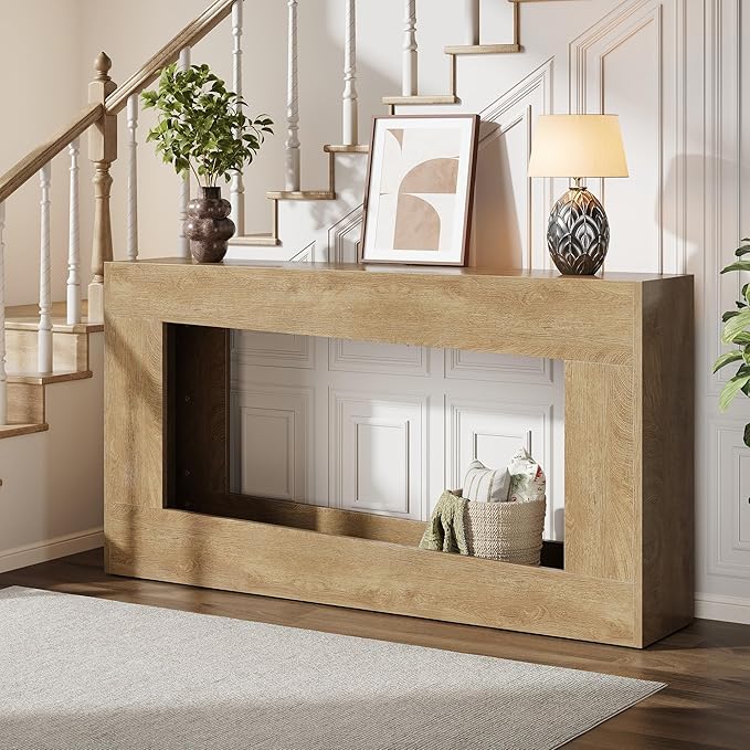 63-Inch Long Console Table, Wood Entryway Table with Storage Shelf, Farmhouse Narrow Sofa Table Behind The Couch for Living Room, Entryway, Hallway (Natural)