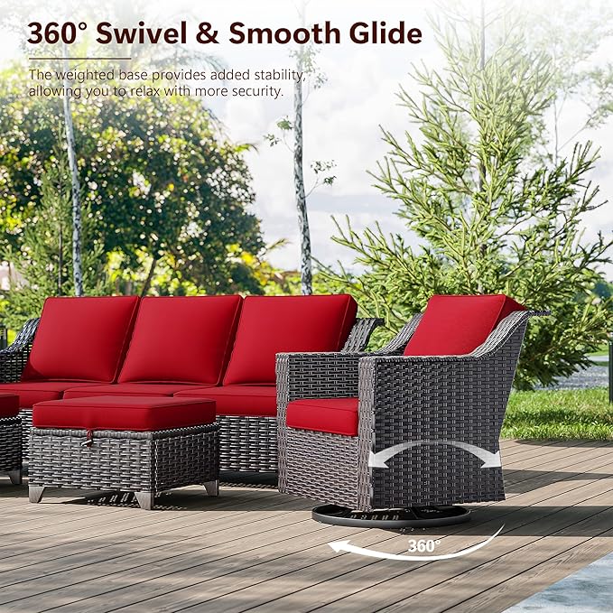 4 Pieces Wicker Patio Furniture, Luxury Outdoor Furniture with 2 Patio Swivel Chai and 2 Patio Ottoman, Wide Armrest, Thickened Cushions, Ideal for Deck, Porch Use