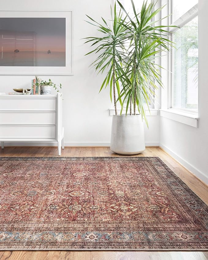 Loloi Layla Collection LAY-01 Brick/Blue 7'-6" x 9'-6" .13" Thick Area Rug, Soft, Durable, Vintage Inspired, Distressed, Low Pile, Non-Shedding, Easy Clean, Printed, Living Room Rug