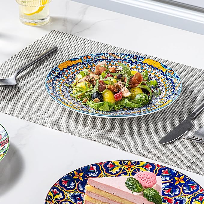 HENXFEN LEAD Ceramic Dessert, Salad Plates 8.5 Inch, Small Dinner Plate Set of 6- Serving Dishes for Thanksgiving & Christmas, Dishwasher & Microwave Safe - Bohemian Style