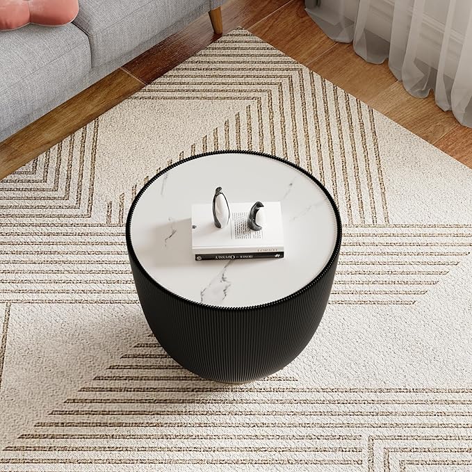 Black Round Coffee Table with Sintered Stone Tabletop, 19.69 Drum Coffee Table with Fluted PU Leather Covered and Metal Base, Circle Cocktail Tea Table for Living Room