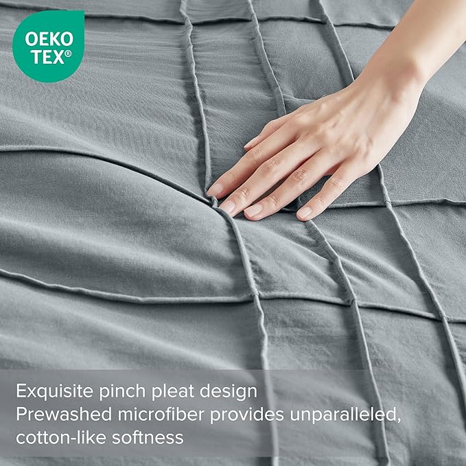 Comfort Spaces Blue/Grey Queen Size Comforter Set - 3 Pieces Pintuck Pleated Bedding Sets Queen, All Season Lightweight, Extra Softness Pre-Washed Microfiber Queen Bed Set, Shams, Full/Queen