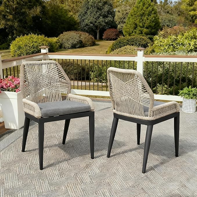 PURPLE LEAF Patio Dining Chair Set 2 Pieces Aluminum Modern Furniture Seating for Garden Kitchen Porch Outdoor Wicker Dining Chairs with Cushions, Dark Grey