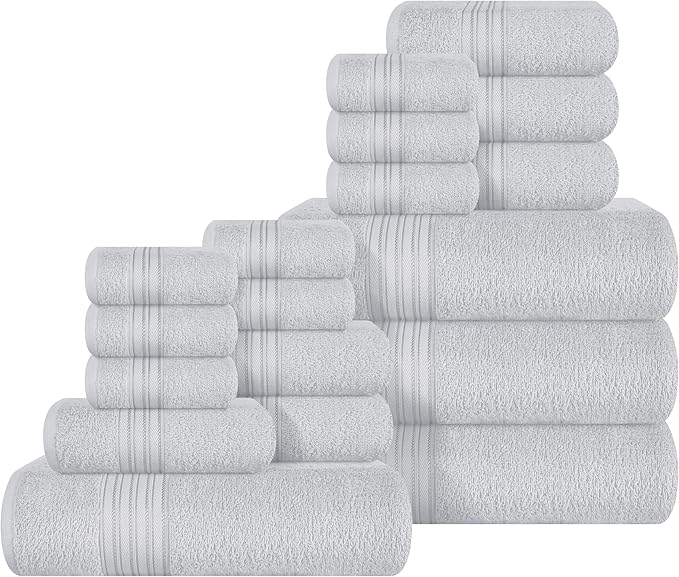 BOUTIQUO 100% Cotton Towel Set, Contains 4 Soft Bath Towel, 6 Hand Towels, 8 Wash Cloths - Compact Absorbent Lightweight & Quickdry Towels for Bathroom - 18 Piece Bathroom Towel Set - Light Grey