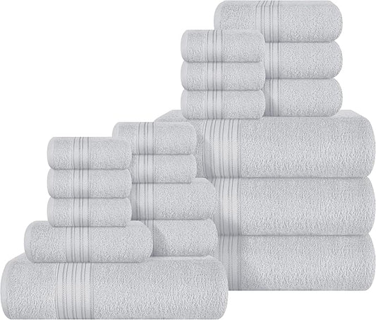 BOUTIQUO 100% Cotton Towel Set, Contains 4 Soft Bath Towel, 6 Hand Towels, 8 Wash Cloths - Compact Absorbent Lightweight & Quickdry Towels for Bathroom - 18 Piece Bathroom Towel Set - Light Grey