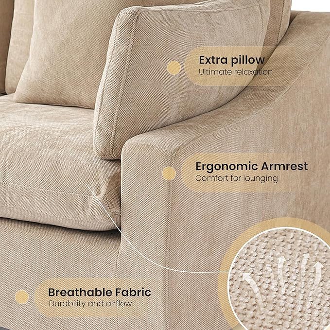 WJShome 160" Cloud Couch Sectional for Living Room, Down Filled Modular Sectional Sofa,4 Seater Convertible Couch, Sofa Covers Washable&Replaceable,Khkai