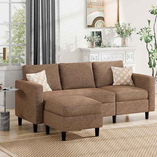 JAMFLY Sectional Sofa Couch Convertible L Shaped Sofas with Ottoman Small Sectional Couches for Living Room, 3 Seater Couch for Small Spaces, Brown