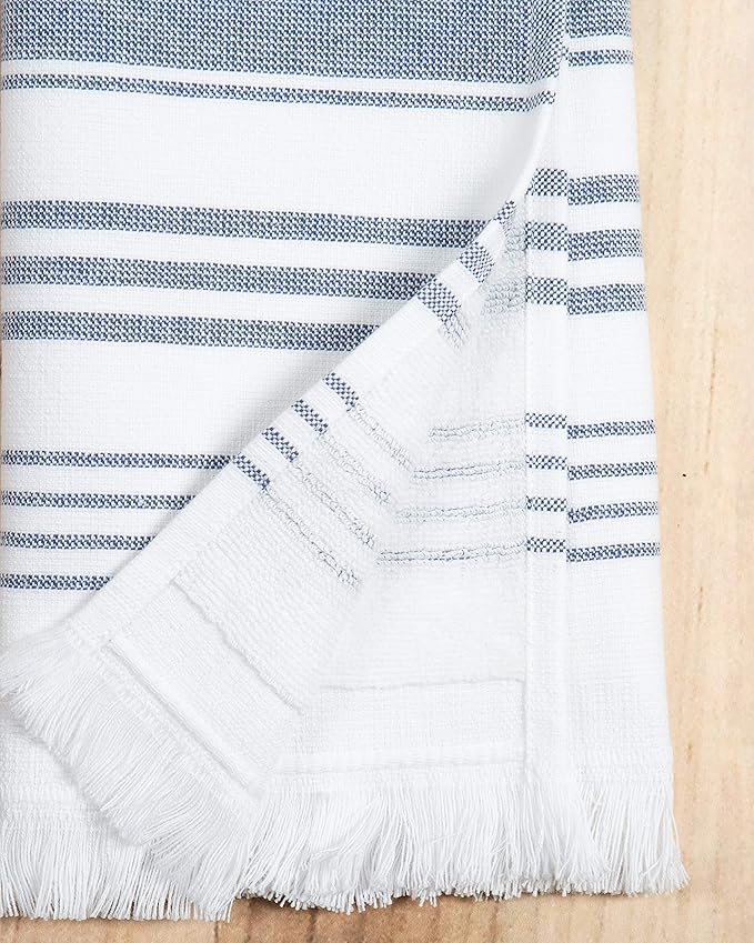 Sticky Toffee Hand Towels for Bathroom Set of 2 – 28x16 in White and Navy Blue Striped Turkish Towels, Soft and Absorbent Decorative 100% Cotton Bath Towels