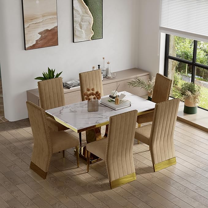 AUZ Dining Chairs with Nail Head Trim, Modern Velvet Upholstered Dining Room Chairs in Lovely Color with Polished Gold Stainless Steel Legs, Set of 4