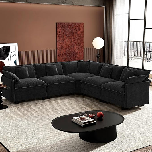Ihanherry 114" V-Shaped Modern Sofa Modular Sectional Cloud Couch with Corner Section, 5-Seat Chenille Deep Seat Sofa with 5 Pillows for Living Room, Bedroom and Apartment, Black