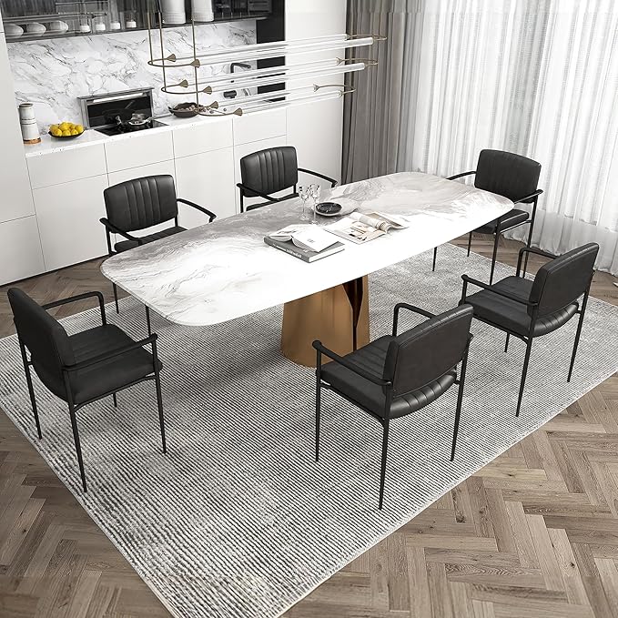 Mid-Century Modern PU Leather Dining Chairs Set of 6, Upholstered Kitchen Chairs with Arms and Metal Legs Adjustable Feet for Kitchen Dining Room(Black)