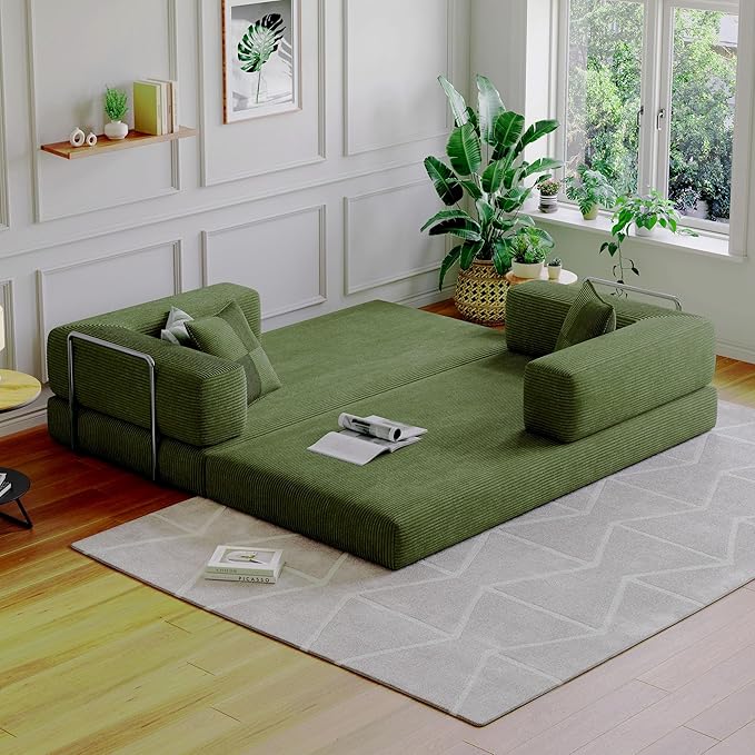 Compressed Sleeper sofa bed,Convertible Floor Boneless Couch-With Comfy Pillow,Modular Modern Corduroy Sofa for living room Bedroom Lounge Studio-With Fixed-shape Frame and support Armrest(Green)