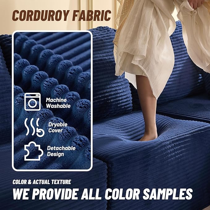 107" Boneless Couch with Deep Seat, Modular Sectional Sofa, Cloud Sectional Couch for Living Room, No Assembly Required, Corduroy, L-Shape Left?Blue