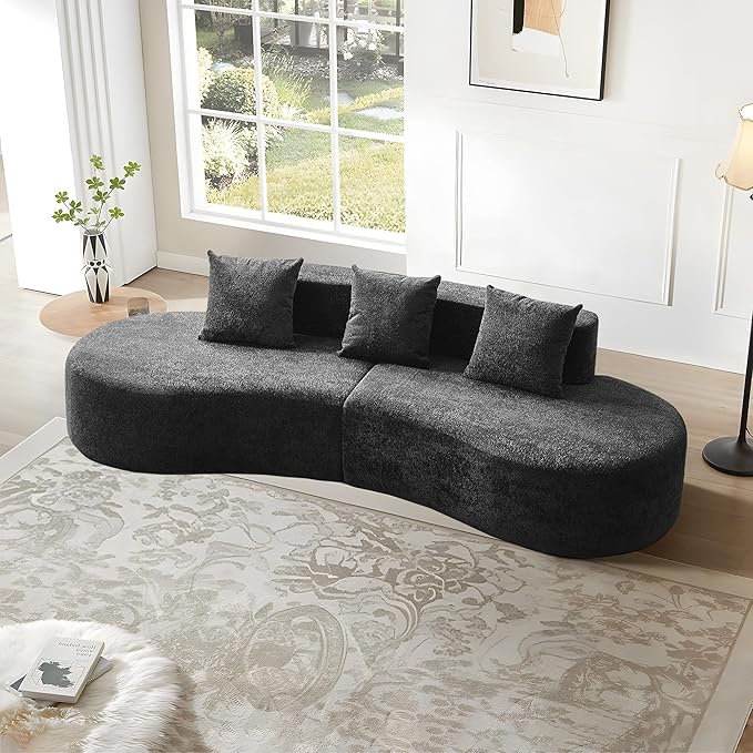 109'' Curved Couch, Mid Century Modern Half Moon Sofa, Luxury 3-Seat Couch with High-Density Foam Filled, Raindrop Velvet Fabric Sectional Sofa for Living Room, Apartment, Office, Black