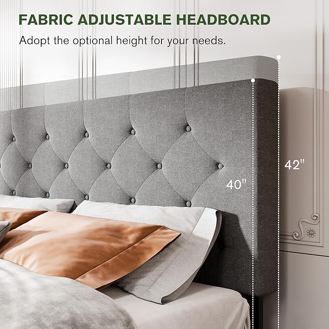 MUTICOR Full Size Bed Frame with 4 Storage Drawers, Upholstered Platform Bed with Button Tufted Adjustable Headboard, No Box Spring Needed, Easy Assembly, Diamond Tufted, Light Grey Fabric