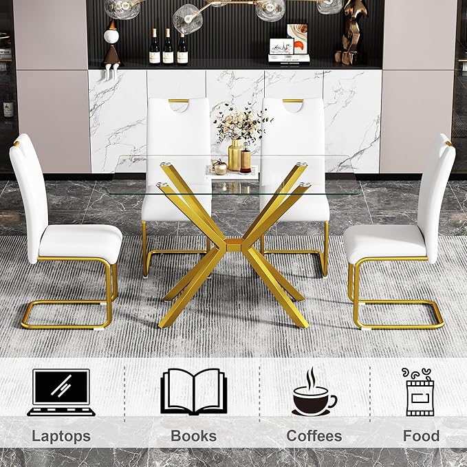 47.2" Glass Dining Table, Modern Kitchen Table for 4 People, Contemporary Rectangular Dining Room Dinner Tables with Clear Glass Top & Gold Metal X Legs for Kitchen Apartment
