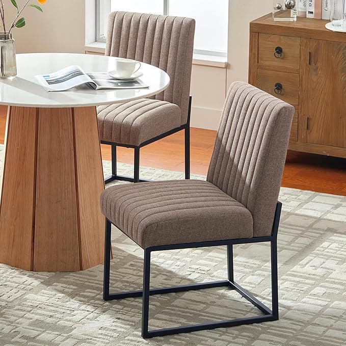 VKNOW Upholstered Dining Chairs Set of 4, Modern Dining Room Chairs with Stripe, Linen Kitchen Chair Dinner Chair with Black Metal Base for Kitchen Office, Brown
