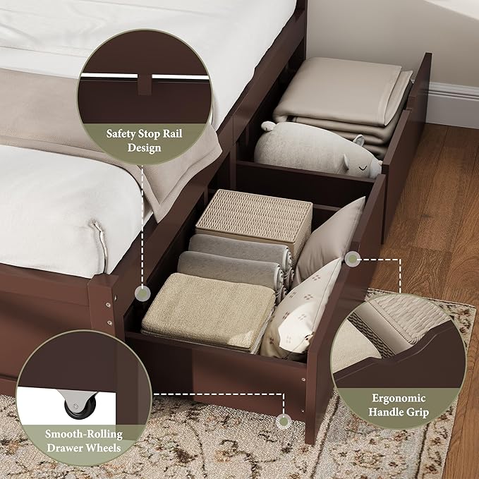 AMERLIFE King Size Solid Wood Bed Frame with 50" Tall Headboard, Mid-Century Modern Bed with Storage, Wooden Platform Bed with 2 Drawers, No Box Spring Needed, Espresso