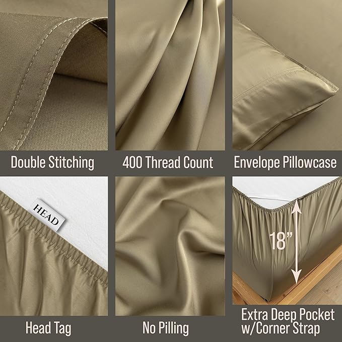 Bella Coterie 6 Piece Luxury Bamboo Viscose Split Top King Size Sheet Set | 34" Split for Adjustable Beds | 100% Organically Grown| Cooling | 18” Deep Pocket | 4 Pillowcases [Olive]