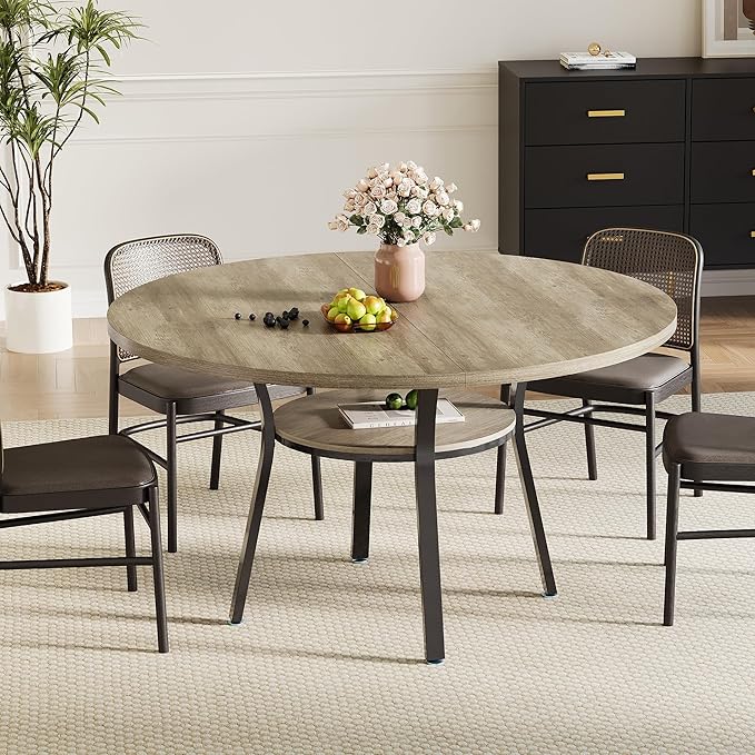 Garvee 47'' Round Dining Table for 4-6 People, Farmhouse Kitchen Dining Table, Round Dinner Table with Storage Shelf for Kitchen, Living Room (Table Only), Grey