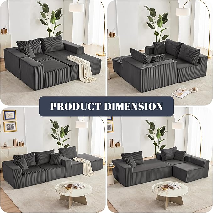 108” Modular Sectional Sofa, Cloud Sectional Couch with Deep Seat, Modern Modular L-Shape Sofa with Chaise,Upholstered Boneless Couches for Living Room Bedroom (Corduroy, Darkgrey)