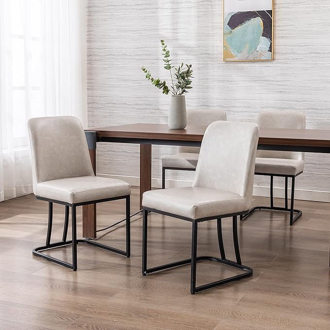 Grey PU Leather Dining Chairs Set of 4 Mid Century Modern Comfortable Dining Room Chair with Curved Backrest, Upholstered Kitchen Side Chairs with Black Metal Legs