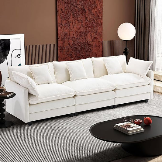 Ihanherry 111.4 Inch 3-Seater Cloud Sofa, Modular Sectional Couch, Modern Deep Seat Sofa for Living Room, Comfy Double Layer Upholstered Seat Cushion, Breathable Chenille Fabric, Beige