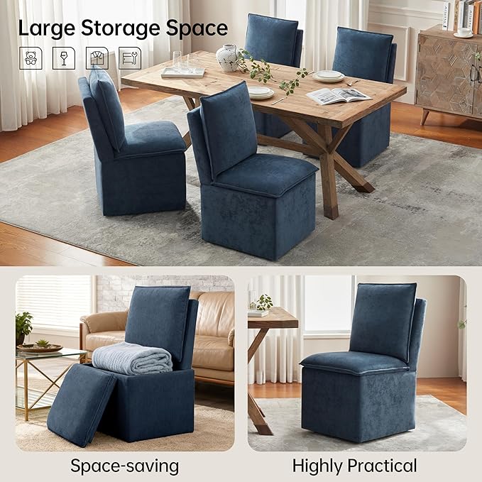 VKNOW Upholstered Dining Chairs, Modern Rolling Chairs with Storage and Wheels, Linen Armless Chair with Cushion and Backrest, Dining Room Chairs for Living Room Kitchen Bedroom, Nav