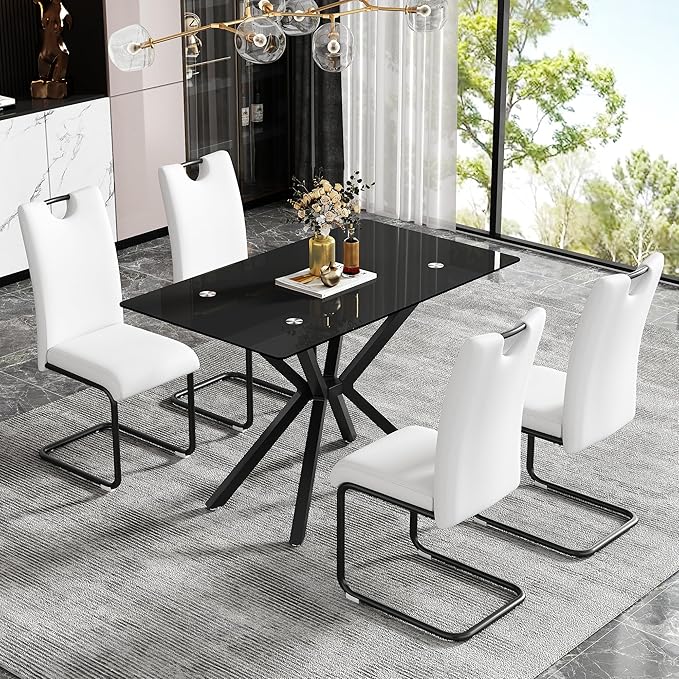 47" Tempered Glass Dining Table for 4, Modern Kitchen Table Rectangle Top, Geometric Metal Leg, for Apartment Dining Room Restaurant (All Black)
