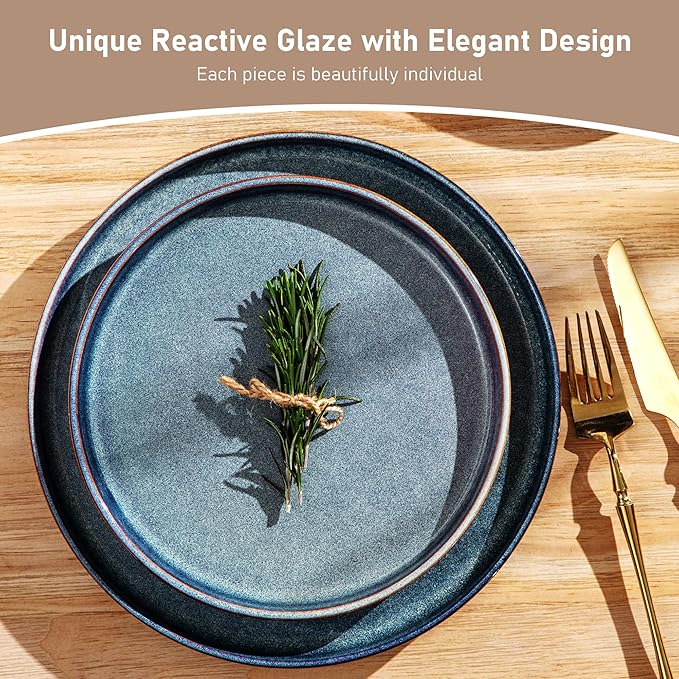 GBHOME Stoneware Dinnerware Sets for 4,Round Reactive Glaze Ceramic Plates and Bowls Set,Highly Scratch Resistant | Dishwasher & Microwave Safe Dishes Set,Service for 4(12Pcs),Ceylon Blue