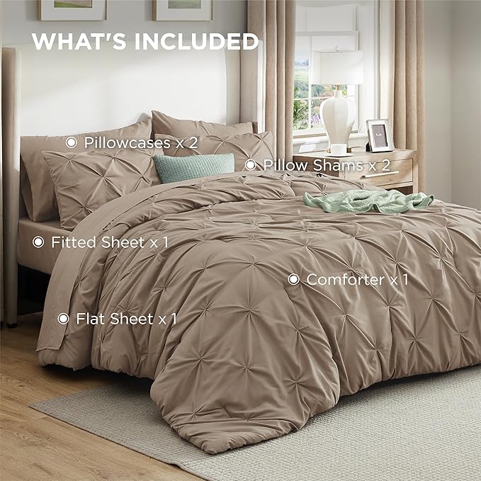 Bedsure King Size Comforter Set Khaki - Bed in a Bag Bedding Set 7 Pieces, GentleSoft™ Pintuck Bed Set Gift for Family, Pinch Pleat Khaki Comforter with Sheets, Pillowcases & Shams
