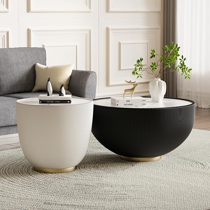 White Round Coffee Table with Sintered Stone Tabletop, 19.69 Drum Coffee Table with Fluted PU Leather Covered and Metal Base, Circle Cocktail Tea Table for Living Room