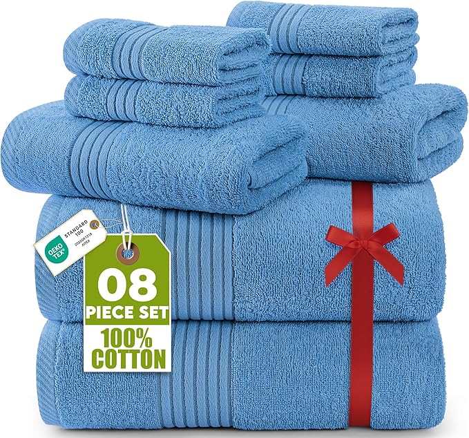 Utopia Towels 8 Piece Premium Towel Set, 2 Bath, 2 Hand, and 4 Washcloths, 100% Ring Spun Cotton, Highly Absorbent Towels for Bathroom, Sports, and Hotel, Electric Blue