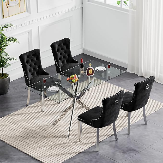 Goujxcy Glass Dining Table Set for 4, Modern Kitchen Table and Chairs Set of 4, 5-Piece Kitchen Dining Room Table Set w/61 Glass Silver Dining Table and 4 Black Velvet Upholstered Chairs
