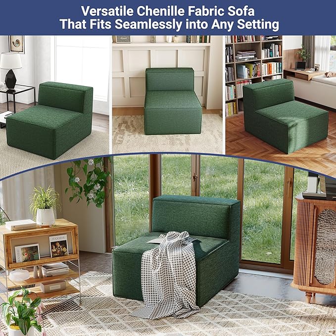 38“ Modular Sectional Sofa Convertible Cube Thick Couch Seat Set, Combine L-Shaped U-Shaped, Free Assembly, Space-Saving for Living Room, Fabric Chenille Green (Only Armless)