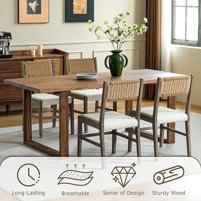 Chogori Wooden Dining Chairs, Modern Farmhouse Kitchen & Dining Room Accent Side Chairs with Woven Rope Back and Fabric Upholstered for Home, Living Room (Gray, Set of 6)