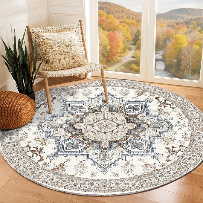 OPPODREAM Thin Round Rug 6ft, Neutral Washable Circle Rug 6ft with Non Slip Backing Play Room, Low-Pile Carpet 6 ft, Faux Cashmere Throw Carpet, Cream White & Blue & Light Brown