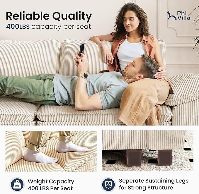 PHI VILLA Cloud Modular Couches Sets, 87.5" Sectional Loveseat Sofa with Upholstered Deep Seat, 2-Seater Comfy Couches for Living Room Bedroom, Corduroy Fabric, Beige