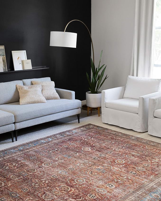 Loloi Layla Collection LAY-01 Brick/Blue 7'-6" x 9'-6" .13" Thick Area Rug, Soft, Durable, Vintage Inspired, Distressed, Low Pile, Non-Shedding, Easy Clean, Printed, Living Room Rug