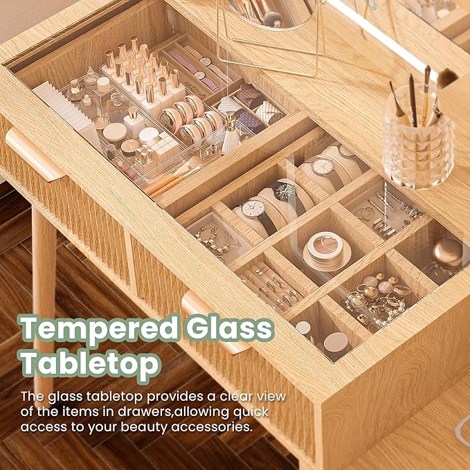 Fluted Makeup Vanity Desk with Mirror and Lights, 5 Drawers Glass Top Makeup Vanity with 4 Storage and 9-Grid Organizer, 3 Color Ribbed Glass Dressing Table with Charging Station, Light Oak