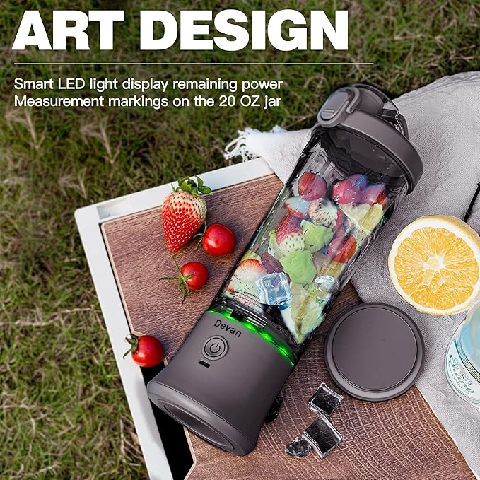Portable Blender, Shakes and Smoothies Waterproof 20 oz BPA Free Blender Cup and a Travel Lid. (Black, 20 oz)
