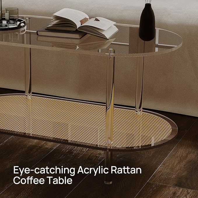 HMYHUM Acrylic Coffee Table for Living Room, 2-Tier Clear Rattan Center Table, Oval, Modern Low Tea Table for Bedroom Office Reception Room, 31.5" L × 15.75" W × 17.76" H, Easy Assembly