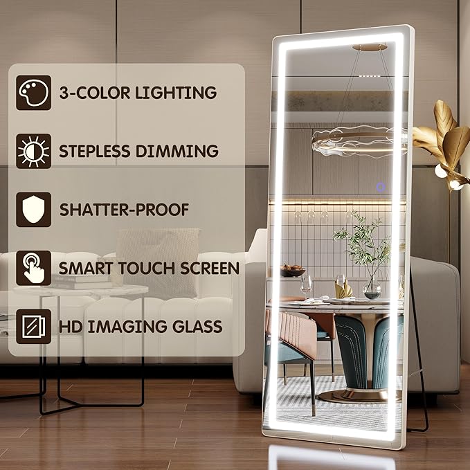 FENNIO Full Length Mirror with Lights, 57" x 17" LED Full Body, Free Standing Lighted Floor Mirror, Wall Mounted Hanging Mirror with Lights for Bedroom, Dimmable & 3 Color Lighting, White